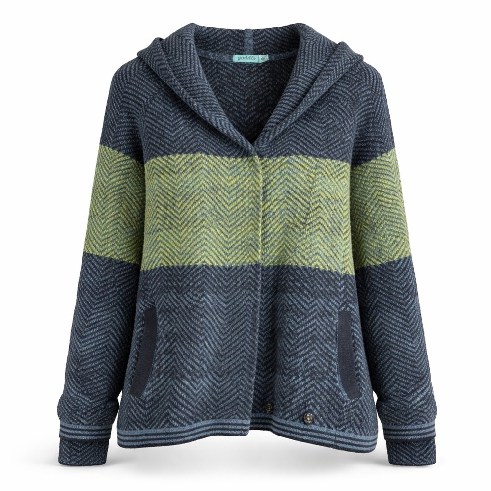 Goddis Womens Hooded Knit Sweater Medium Blue Green Colorblock Outdoor Chunky